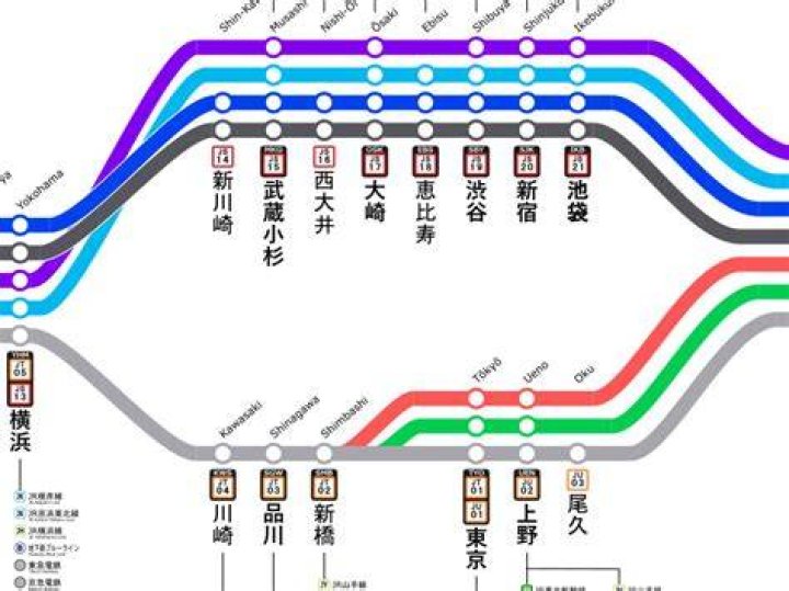 湘南新宿ラインの路線図で凡例と駅記号を確認するイメージ